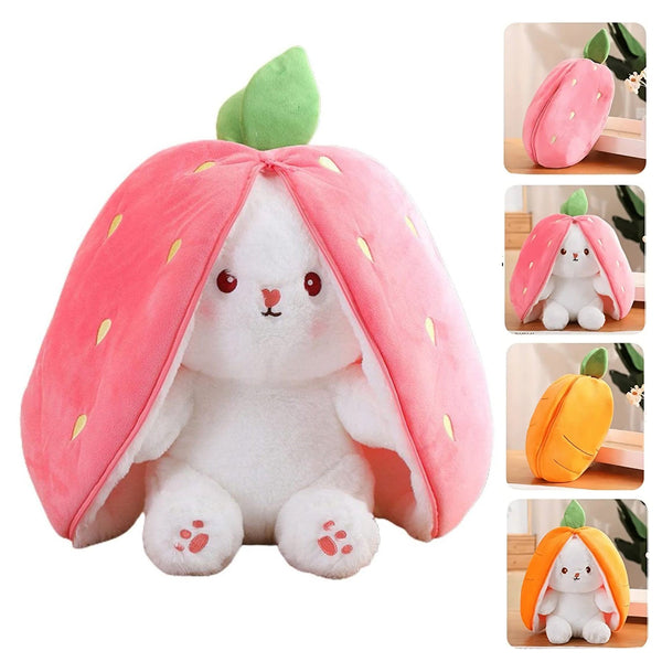 Reversible Strawberry Bunny Plush Toy Soft Polyester Stuffed Animal for Kids Hide and Seek Transforming Toy